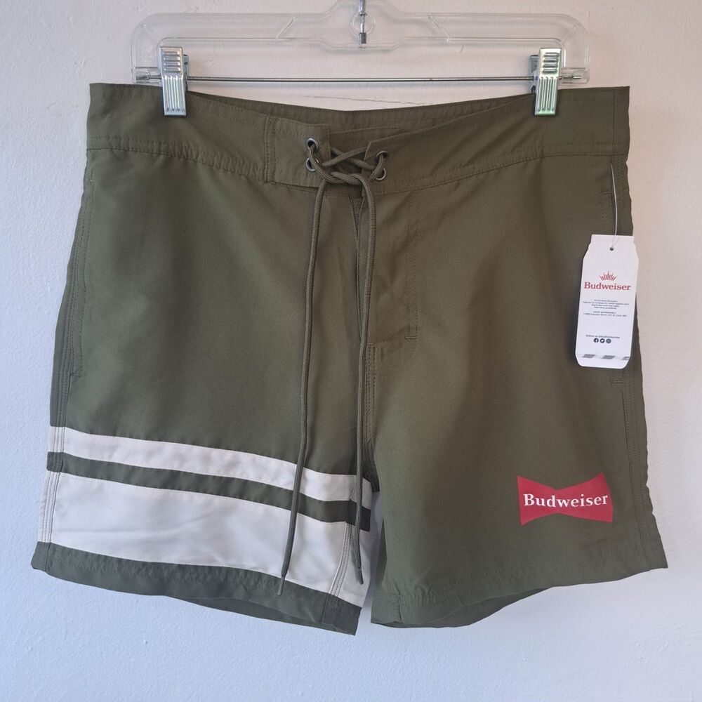 NEW Budweiser Beer PacSun Mens Swim Board Short Trunks Olive Green Size 30 Small